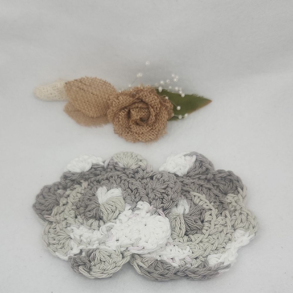 Handmade Crochet Flower Face  Scrubbie Color White & Soft Greys x2 100% Cotton